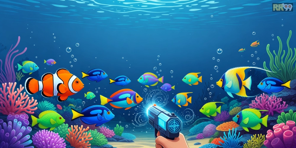 Minh họa giao diện game bắn cá online rr99 với cá đa dạng và súng bắn