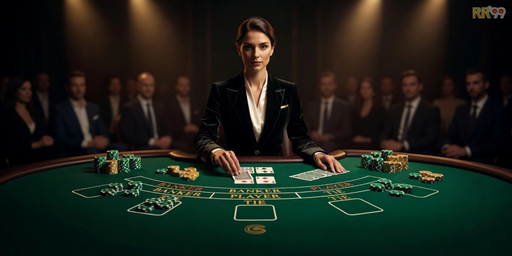 Ảnh chụp màn hình bàn baccarat trực tiếp trên nền tảng Golden RR99 với dealer xinh đẹp
