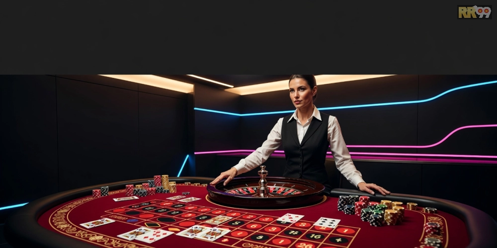 Minh họa giao diện trực tiếp casino rr99 với dealer chuyên nghiệp và bàn chơi sống động