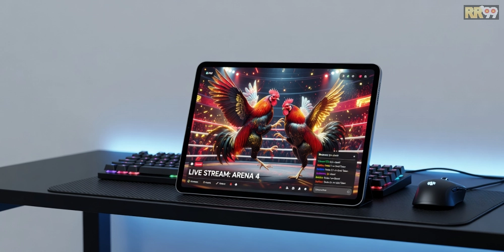 Minh họa khái niệm xem đá gà trực tuyến rr99 với giao diện nền tảng hiện đại